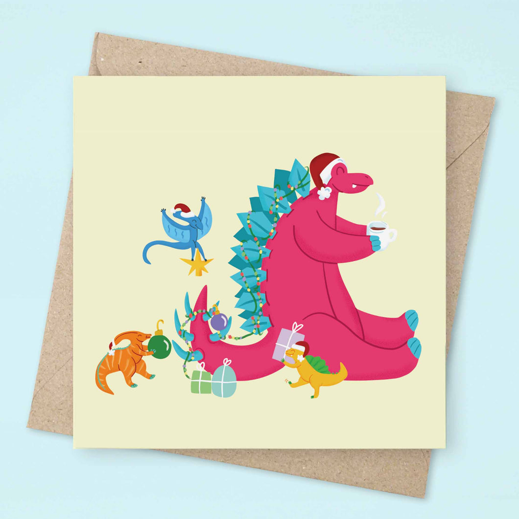 Cute Dinosaur Scene Christmas - Greeting Card