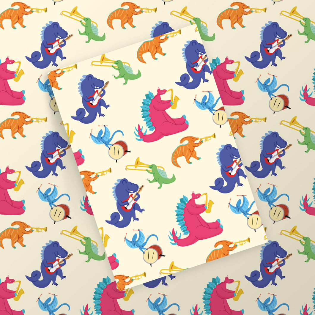 Dinosaur Musicians wrapping paper | instruments | brass band | guitar | Dino | Gif Wrap